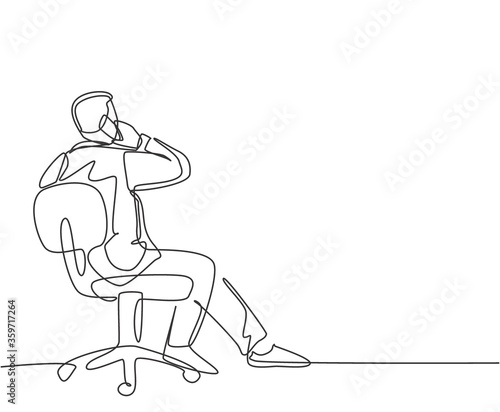 Single continuous line drawing of young businessman sitting on work chair while receive a call from his partner from back view. Business talk concept. One line draw design vector illustration graphic