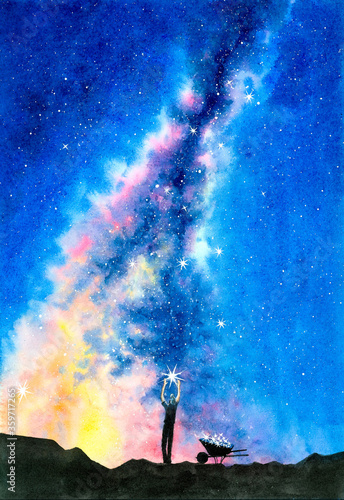 Watercolor Painting - Man collect stars under Starry Night With Milky Way