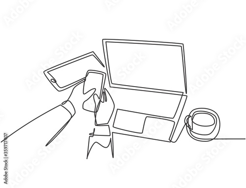 Single continuous line drawing of hand gestures holding and touching smartphone screen with a cup of tea, piece of paper and tablet on the desk. Gadget concept one line draw design vector illustration
