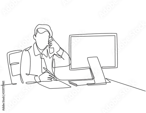 One single line drawing of young startup CEO writing business deal draft on paper and consulting it with his mentor on phone. Business mentoring concept continuous line draw design vector illustration