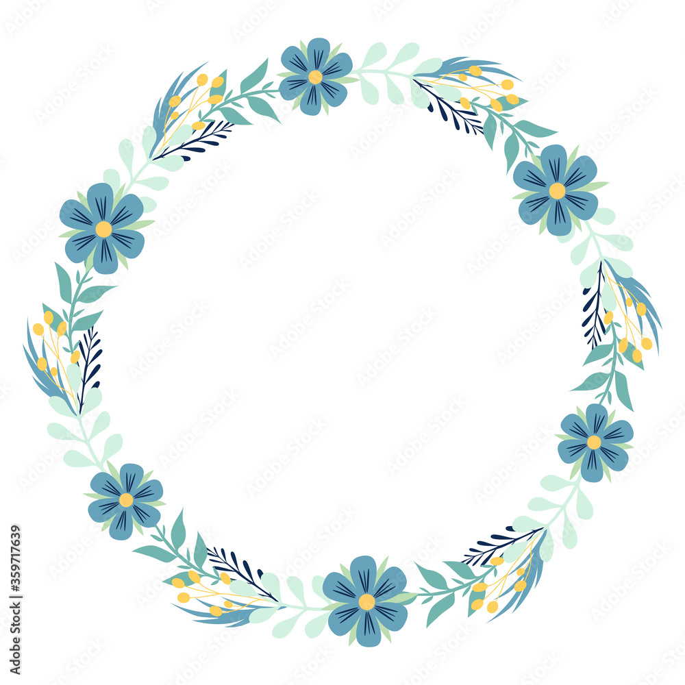 Vector floral frame - wreath with leaves and flowers. Flat illustration isolated on white background.