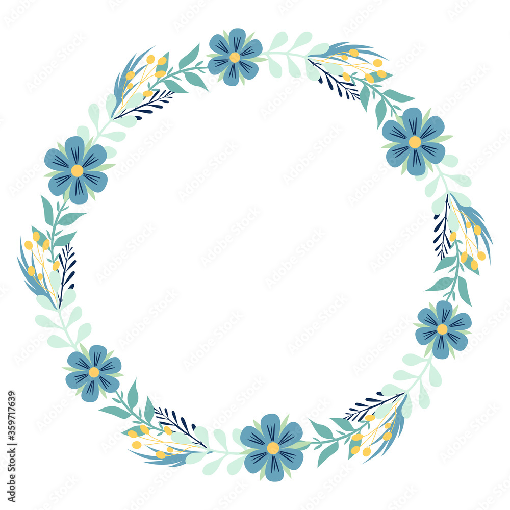 Vector floral frame - wreath with leaves and flowers. Flat illustration isolated on white background. Vector floral frame - wreath with leaves and flowers. Flat illustration isolated on white background.