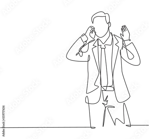 One continuous line drawing of young manager calling his staff using smartphone to ask finalizing company annual report. Business call concept. Single line draw design graphic vector illustration