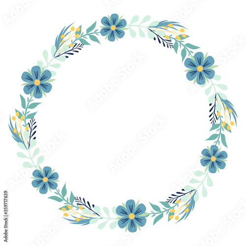Vector floral frame - wreath with leaves and flowers. Flat illustration isolated on white background. © LiaNanuk
