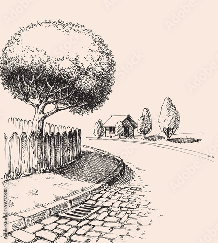 City streets hand drawing. Empty streets of a small town