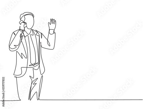 One continuous line drawing of young startup CEO holding smartphone to call investor and convincing investor to invest at his company. Business deal concept single line draw design vector illustration
