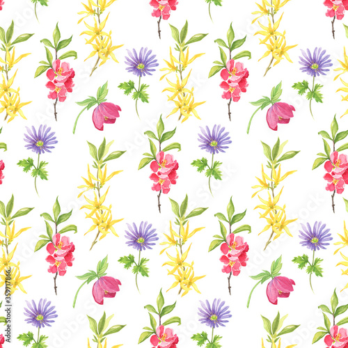 Spring wild flowers watercolour seamless pattern. Beautiful blossom hand drawn texture.