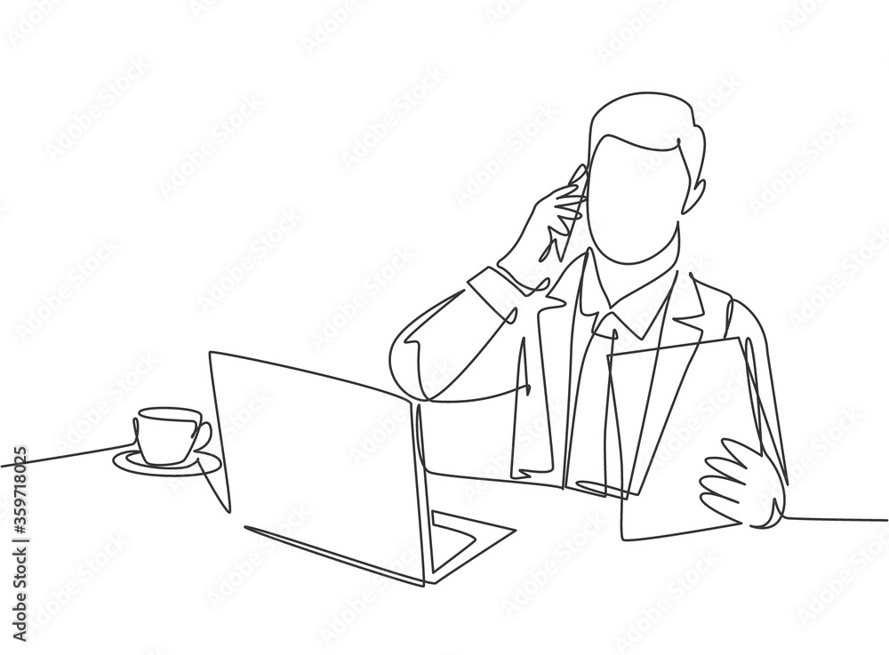 One single line drawing of young male manager reading company annual report while receiving phone call from staff at the office. Check report concept continuous line draw design vector illustration One single line drawing of young male manager reading company annual report while receiving phone call from staff at the office. Check report concept continuous line draw design vector illustration