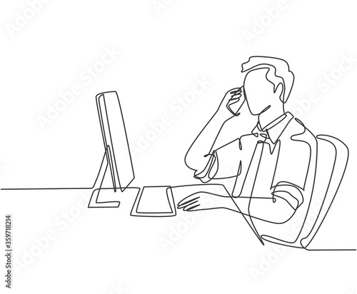 One single line drawing of young male company director giving short brief through phone call to his team member from the office. Business talk concept continuous line draw design vector illustration
