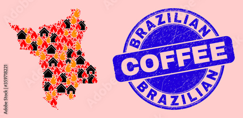 Fire hazard and houses collage Roraima State map and Brazilian Coffee unclean stamp seal. Vector collage Roraima State map is organized with random burning towns. © Evgeny