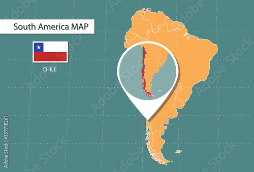 Chile map in South America zoom version, icons showing Chile location and flags.