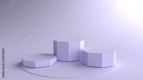 3D Render of Abstract violet Composition with Podium. Minimal Studio with Octagonal Pedestal. Pedestal can be used for advertising, Isolated on violet background, Showcase, Product Presentation.