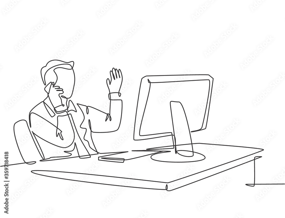 One continuous line drawing of young startup founder watch company growth report on computer screen while receiving phone from investor. Business accountability concept single line draw vector design
