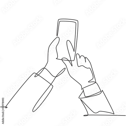 One continuous line drawing of gesture hands holding and touch the screen of smartphone to finish transaction on online shop. Gadget device concept single line draw design graphic vector illustration