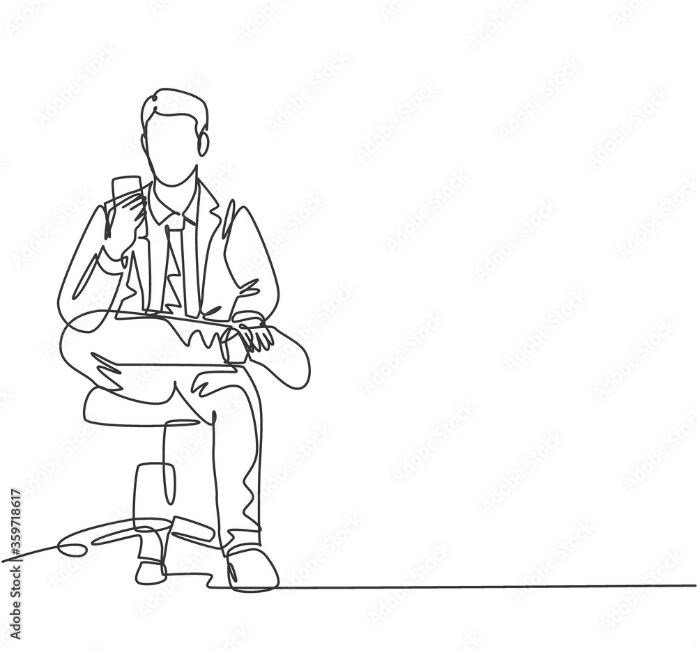 One single line drawing of young male manager touch smartphone screen during sitting relax on work chair and texting to partner. Work rest concept continuous line draw design vector illustration