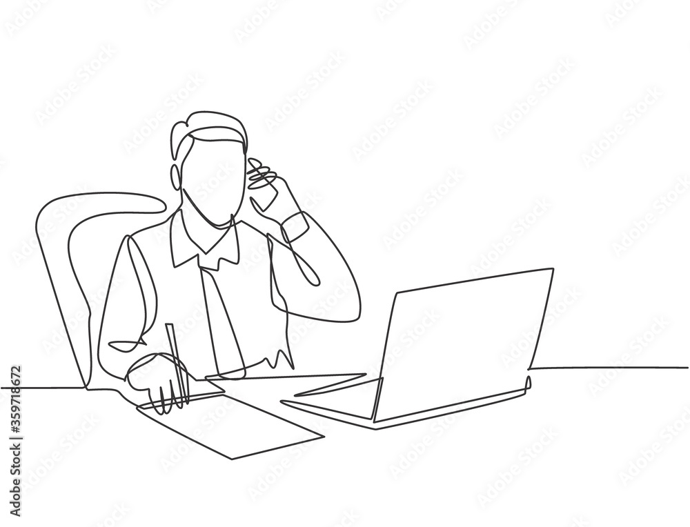 One single line drawing of young male employee holding smartphone while writing report on paper and reading business report on laptop. Business concept continuous line draw design vector illustration One single line drawing of young male employee holding smartphone while writing report on paper and reading business report on laptop. Business concept continuous line draw design vector illustration