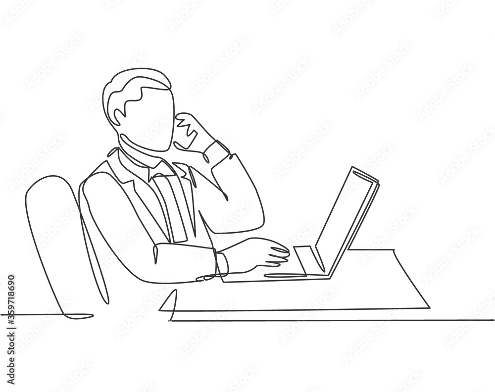 One single line drawing of young male company director giving short brief through phone call to his team member from the office. Business talk concept continuous line draw design vector illustration One single line drawing of young male company director giving short brief through phone call to his team member from the office. Business talk concept continuous line draw design vector illustration