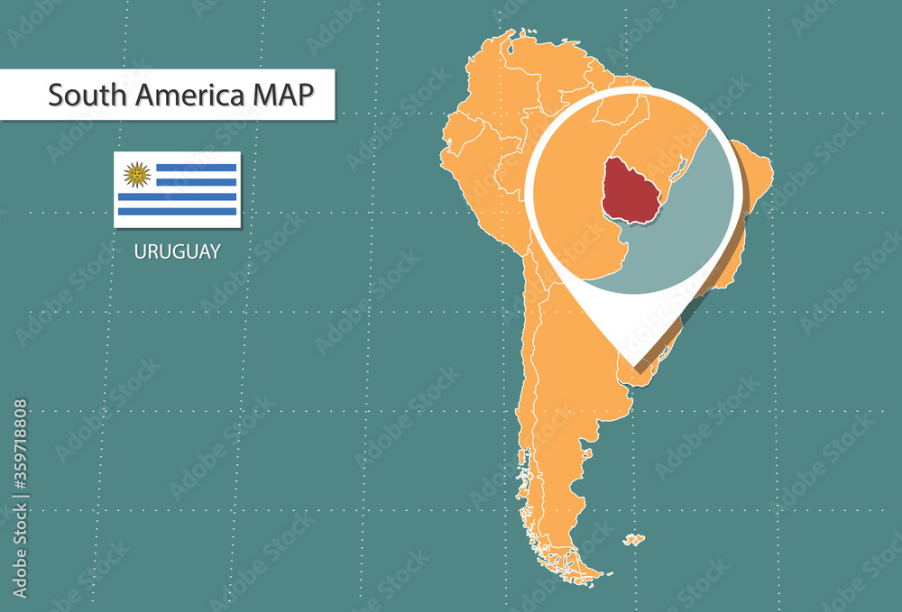 Uruguay map in South America zoom version, icons showing Uruguay