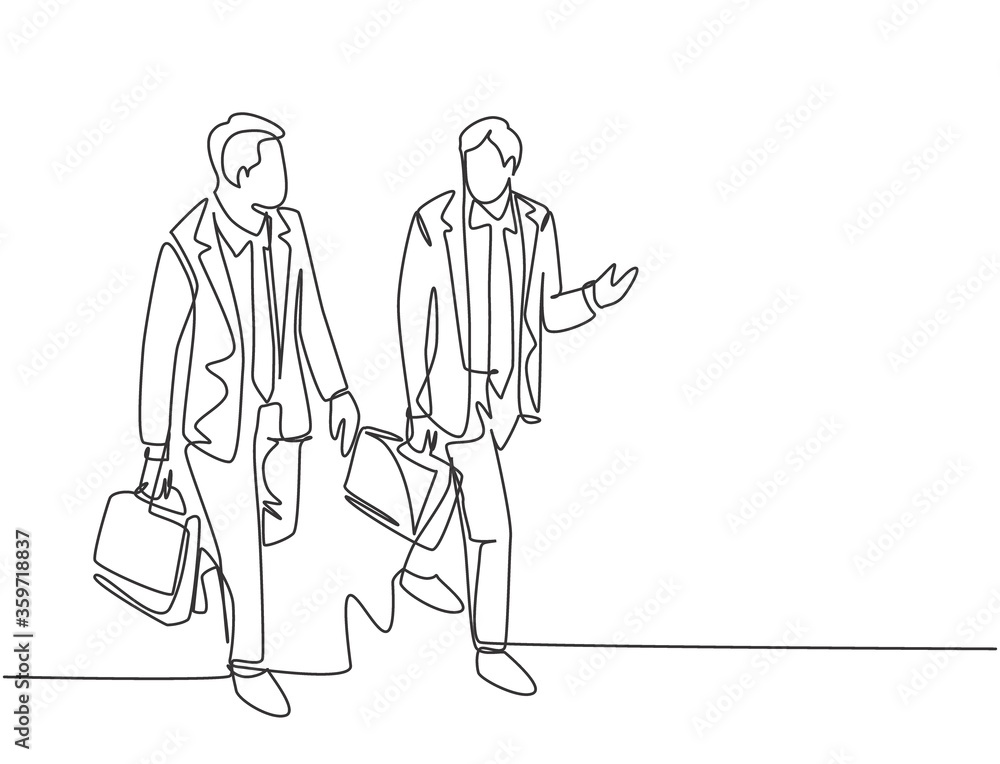 Single continuous line drawing of young happy business men talking to his colleagues when walking approaching the office. Business conversation concept. One line draw design vector illustration Single continuous line drawing of young happy business men talking to his colleagues when walking approaching the office. Business conversation concept. One line draw design vector illustration