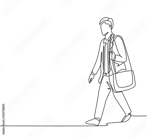 One single line drawing of young male manager walking relax on city street to go to the office while holding document. Urban commuter worker concept continuous line draw design vector illustration