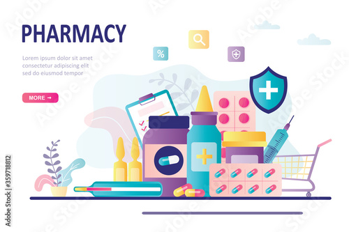 Bag with different medical pills and bottles. Healthcare, pharmacy landing page template. First aid kit, medicine chest.