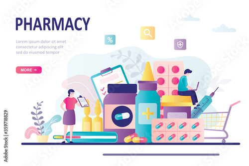 Man and woman buying medications. Online pharmacy site design. Healthcare,drugstore concept
