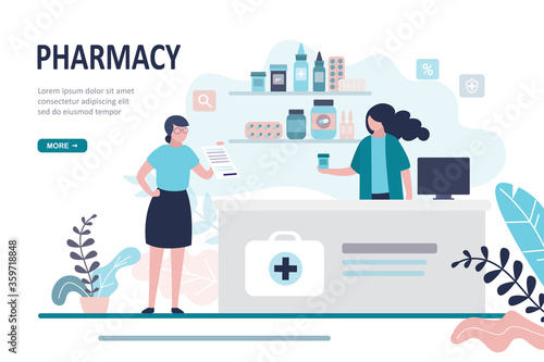 Doctor pharmacist and patient in drugstore. Female character client buying medication in pharmacy. Healthcare and shopping concept.