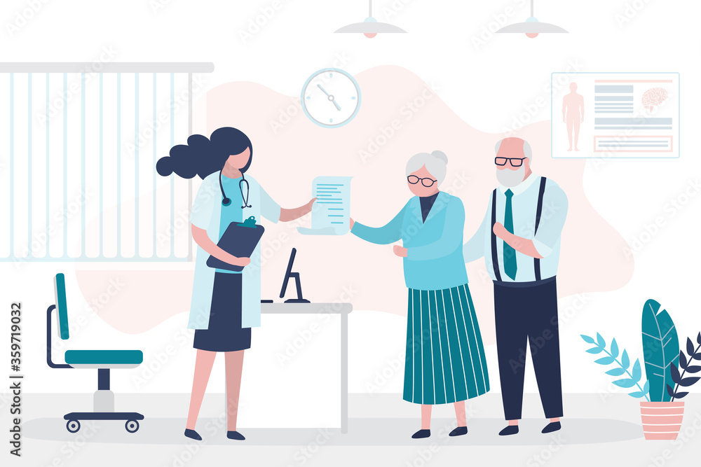 Medical consultation, woman doctor gives prescription to old people. Clinic room interior with furniture. Sick elderly couple. Medical consultation, woman doctor gives prescription to old people. Clinic room interior with furniture. Sick elderly couple.