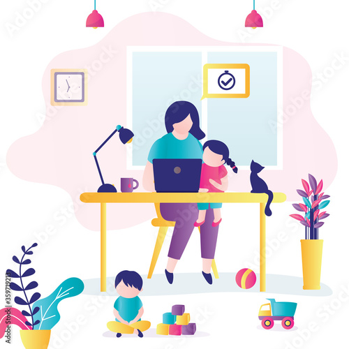 Remote work. Woman at workplace with children. Mom can’t work productively, children interfere with concentration.