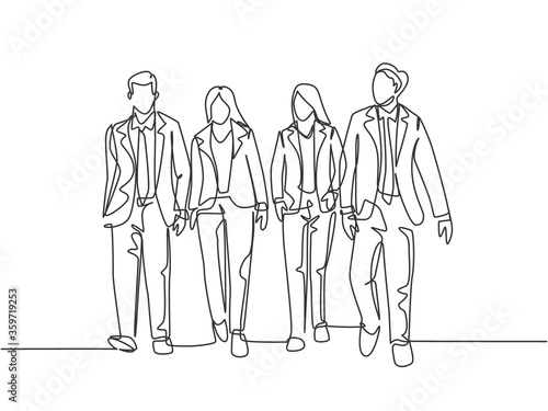 Single continuous line drawing of young businessman and businesswoman walking and talking together on office lobby. Urban commuter workers concept one line draw design vector illustration