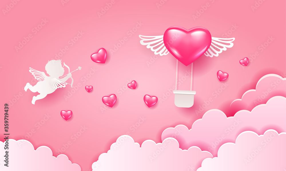 Love Invitation card Valentine's day air balloon heart, aerostat pink heart with wings on abstract pink sky background, clouds,cupid, love paper cut. Vector illustration