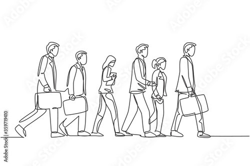 One continuous line drawing of group urban male and female commuters walking every day on city road go to the office. Urban commuter workers concept single line draw design vector illustration