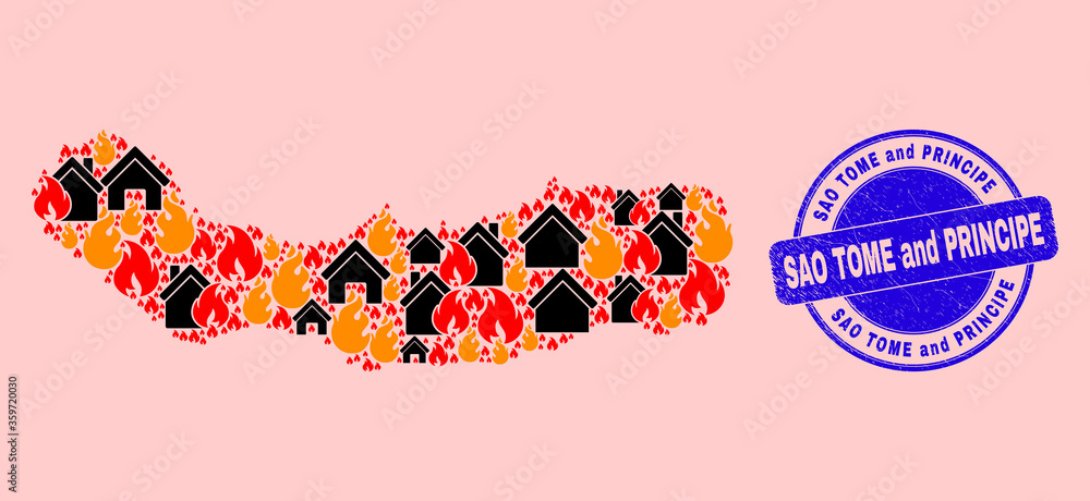 Fototapeta premium Fire and houses collage Sao Miguel Island map and Sao Tome and Principe rubber stamp imitation. Vector collage Sao Miguel Island map is composed with scattered burning homes.