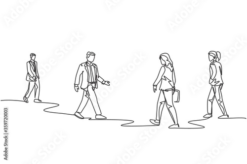 Single continuous line drawing of group urban commuters walking pass over and over again on city street go to the office. Urban commuter workers concept one line draw design vector illustration
