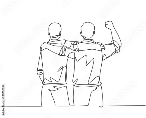One continuous line drawing of two male workers at the office hugging and supporting each other for the success of their career. Friend support concept single line draw design vector illustration