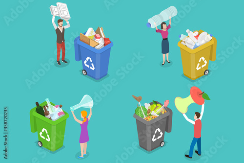 3D Isometric Flat Vector Concept of Colored Waste Bins With Sorted Trash.