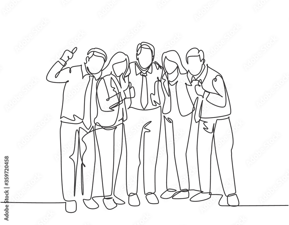 One continuous line drawing of young male and female business people posing hugging each other to celebrate their success. Business goal achievement concept single line draw design vector illustration One continuous line drawing of young male and female business people posing hugging each other to celebrate their success. Business goal achievement concept single line draw design vector illustration