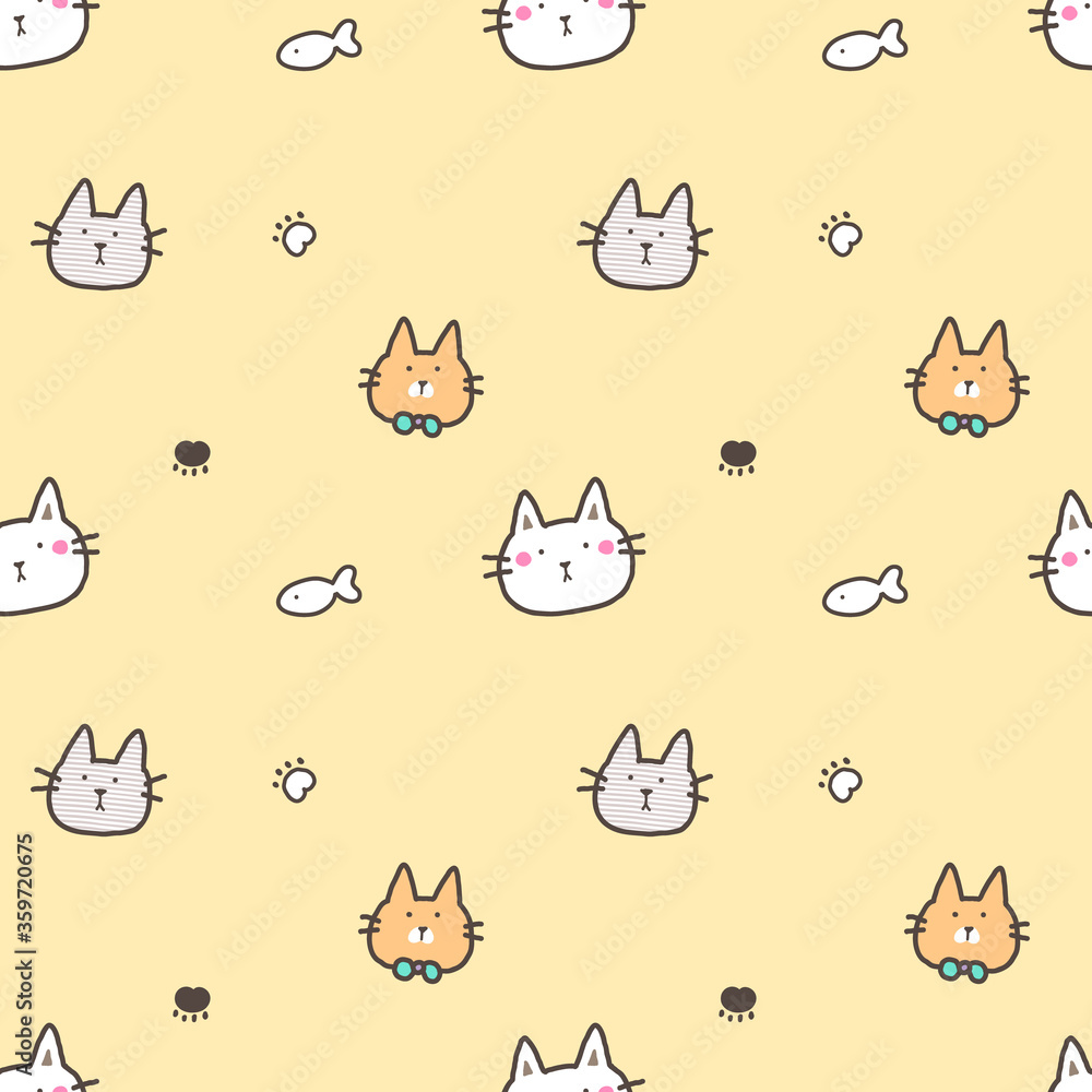 Seamless Pattern with Cartoon Cat Face Design on Yellow Background
