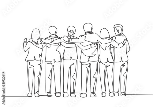 One single line drawing about group of men and woman from multi ethnic standing together to show their friendship bonding. Unity in diversity concept continuous line draw design vector illustration