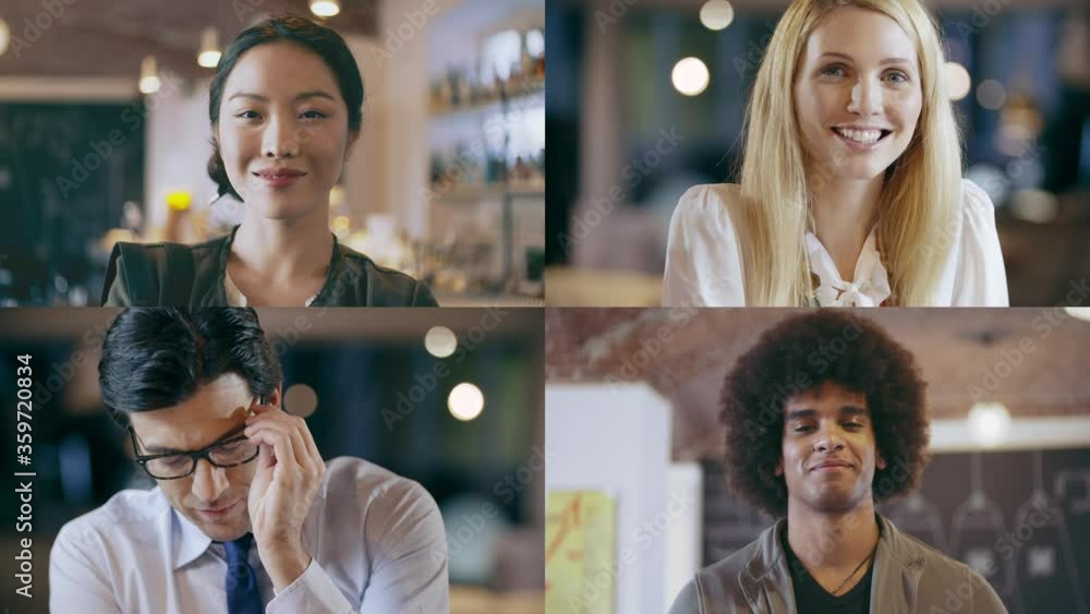 PC screen of remote conference with multi ethnic team.Business video call interface. Four people team remote working app. Opening remote meeting UI.