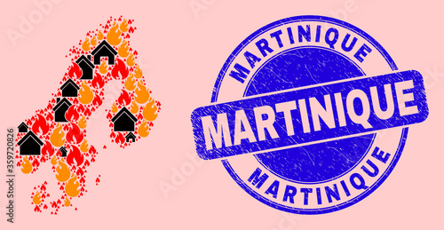Fire hazard and homes collage Scandinavia map and Martinique unclean stamp seal. Vector mosaic Scandinavia map is created with random burning villages.