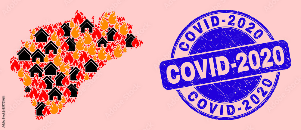 Fire disaster and homes composition Segovia Province map and Covid-2020 rubber watermark. Vector mosaic Segovia Province map is composed from random burning homes.