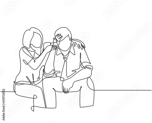 Single continuous line drawing of young female worker hugging and cheering her sad and despair office friend. Work partner support concept. Trendy one line draw design vector graphic illustration
