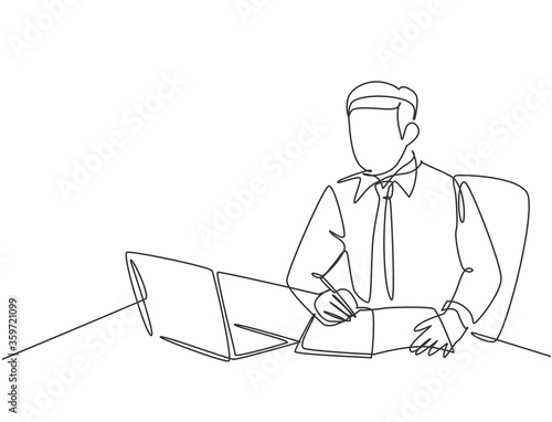One single line drawing of young serious businessman staring at laptop and writing business notes to the team member at office. Business letter concept continuous line draw design vector illustration