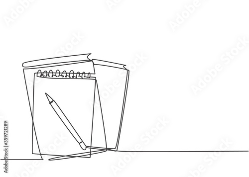 Single continuous line drawing of notebook or notepad with a pencil above work desk. Writing business draft on office notes concept. Trendy one line draw design vector graphic illustration