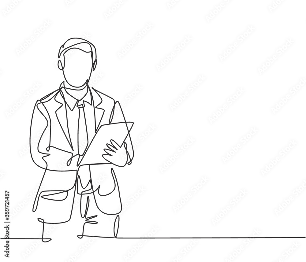One single line drawing of young happy male worker standing while write business lesson from mentor on paper at clipboard. Business workshop concept. Continuous line draw design vector illustration One single line drawing of young happy male worker standing while write business lesson from mentor on paper at clipboard. Business workshop concept. Continuous line draw design vector illustration