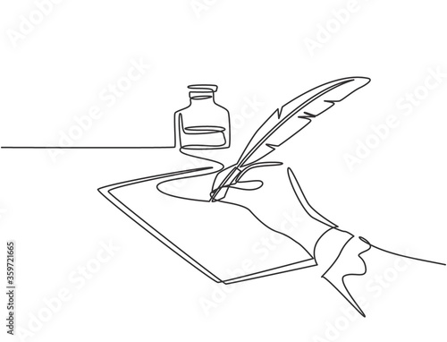 Single continuous line drawing of hand writing gesture with ink and quill pen on whiteboard. Retro handwriting concept. Trendy one line draw graphic design vector illustration