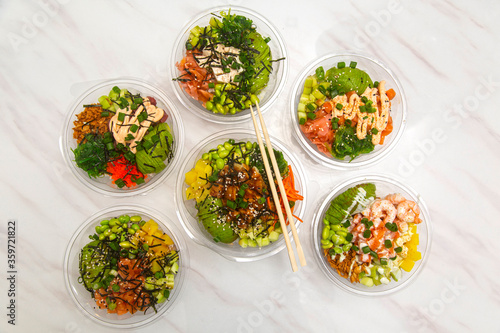 Japanese food seen from above, poke bowls.