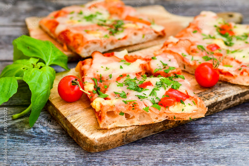 Assorted sliced italian roman style pizza. with parmesan cheese, ham, mushrooms and tomato sauce Assorted sliced italian roman style pizza. with parmesan cheese, ham, mushrooms and tomato sauce