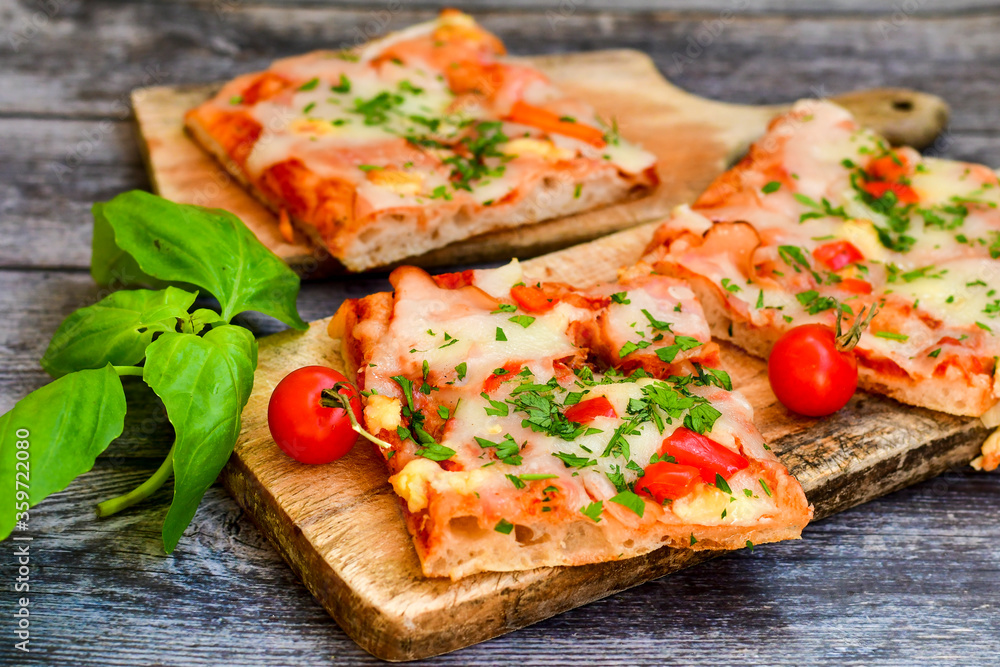 Assorted sliced italian roman style pizza. with parmesan cheese, ham, mushrooms and tomato sauce Assorted sliced italian roman style pizza. with parmesan cheese, ham, mushrooms and tomato sauce